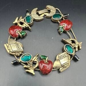TOFA Vintage School Teacher Student Red Apple Gold Charm Stretch Bracelet Retro